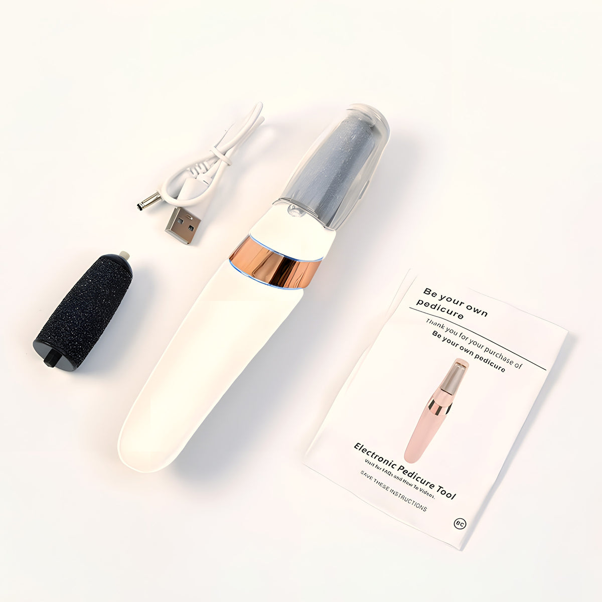 White foot file with spare roller head, USB cable and instructions